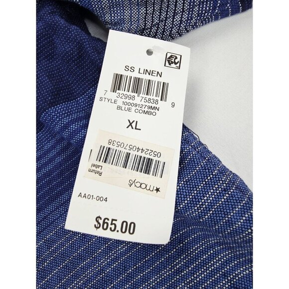Tasso Elba Mens Size XL Blue Gray Stripe Short Sleeve Linen Blend Shirt NWT - Picture 6 of 10